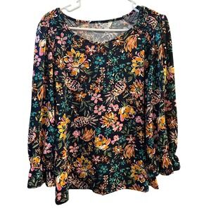 Crown Ivy Floral Print Long Sleeve Smocked Top Women's Large Navy Pink Yellow